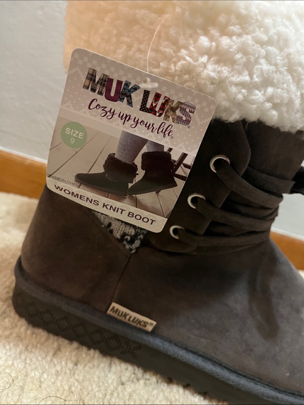 Muk Luks Dark Gray Faux-Shearling Winter Boots with Cream Cuff - Picture 3 of 6